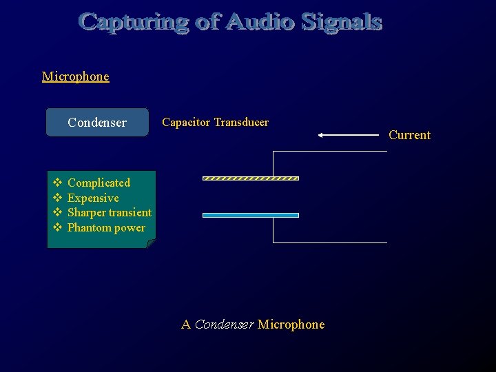 Microphone Condenser v v Capacitor Transducer Complicated Expensive Sharper transient Phantom power A Condenser
