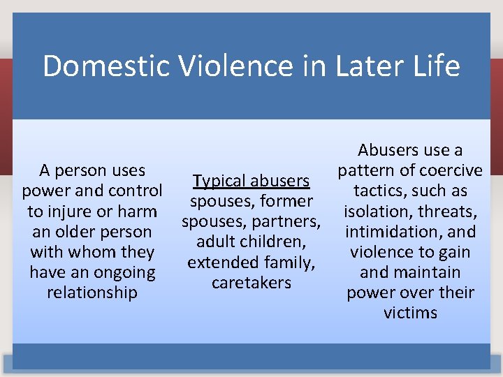 Domestic Violence in Later Life Abusers use a A person uses pattern of coercive