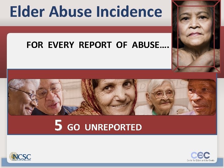 Elder Abuse Incidence FOR EVERY REPORT OF ABUSE…. 5 GO UNREPORTED 