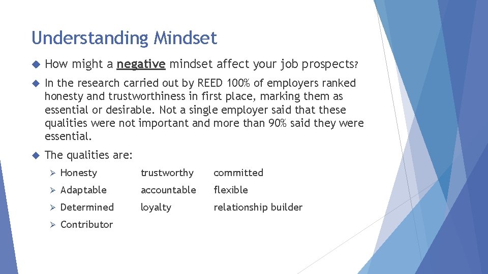 Understanding Mindset How might a negative mindset affect your job prospects? In the research