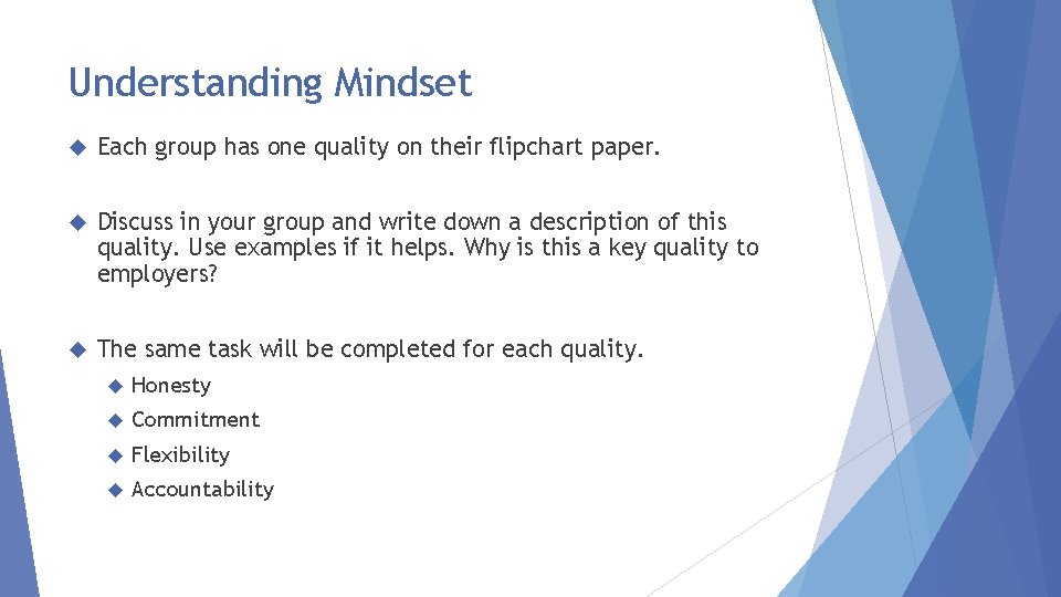 Understanding Mindset Each group has one quality on their flipchart paper. Discuss in your