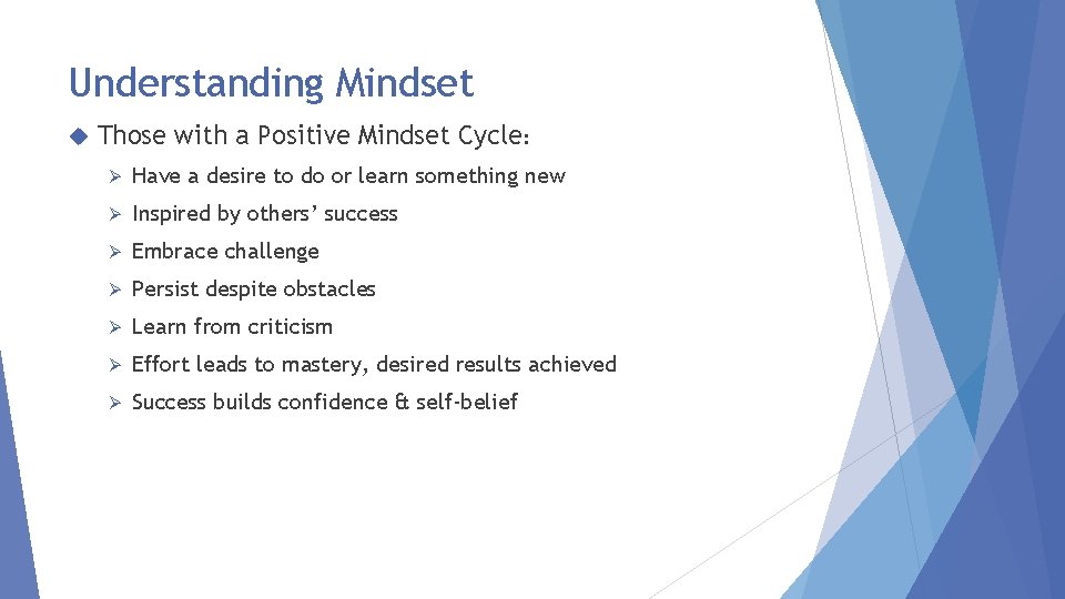 Understanding Mindset Those with a Positive Mindset Cycle: Ø Have a desire to do