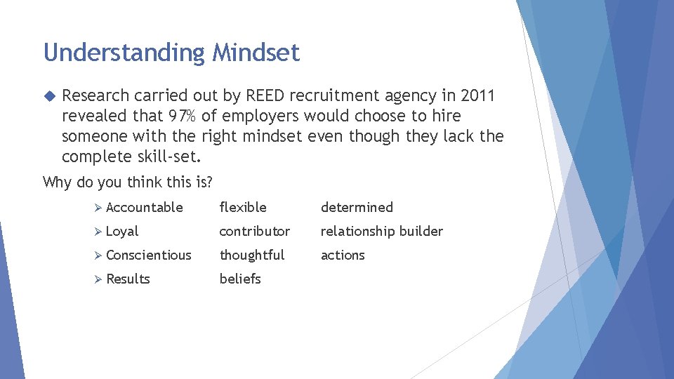 Understanding Mindset Research carried out by REED recruitment agency in 2011 revealed that 97%