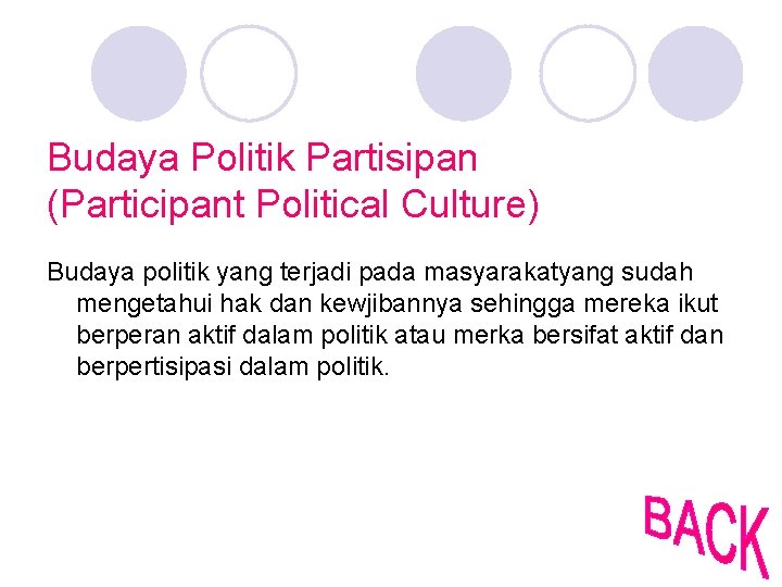 Budaya Politik Partisipan (Participant Political Culture) Budaya politik yang terjadi pada masyarakatyang sudah mengetahui