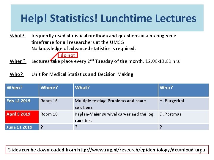Help! Statistics! Lunchtime Lectures What? When? frequently used statistical methods and questions in a