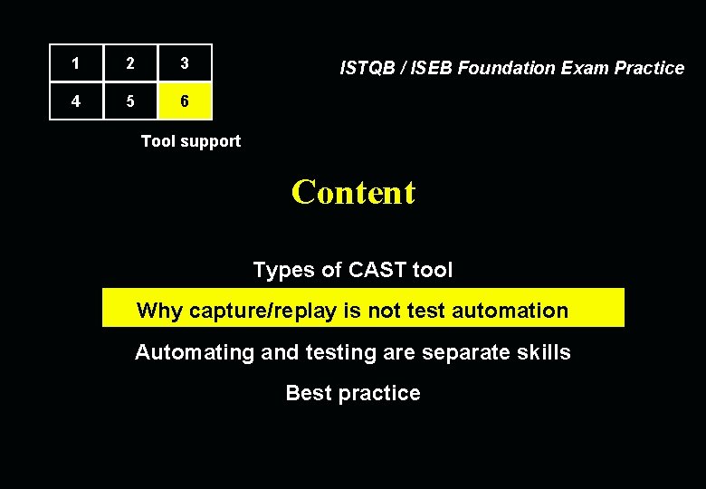 1 2 3 4 5 6 ISTQB / ISEB Foundation Exam Practice Tool support