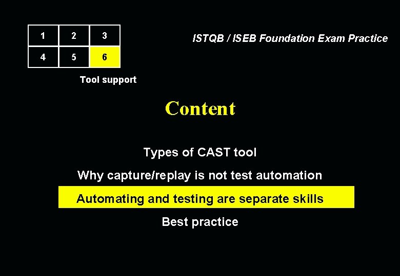 1 2 3 4 5 6 ISTQB / ISEB Foundation Exam Practice Tool support