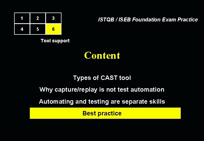 1 2 3 4 5 6 ISTQB / ISEB Foundation Exam Practice Tool support