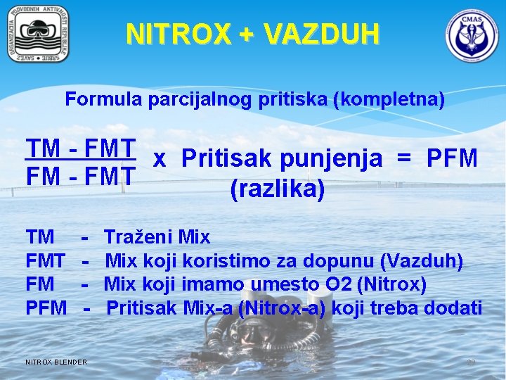 NITROX + VAZDUH Formula parcijalnog pritiska (kompletna) TM - FMT x Pritisak punjenja =