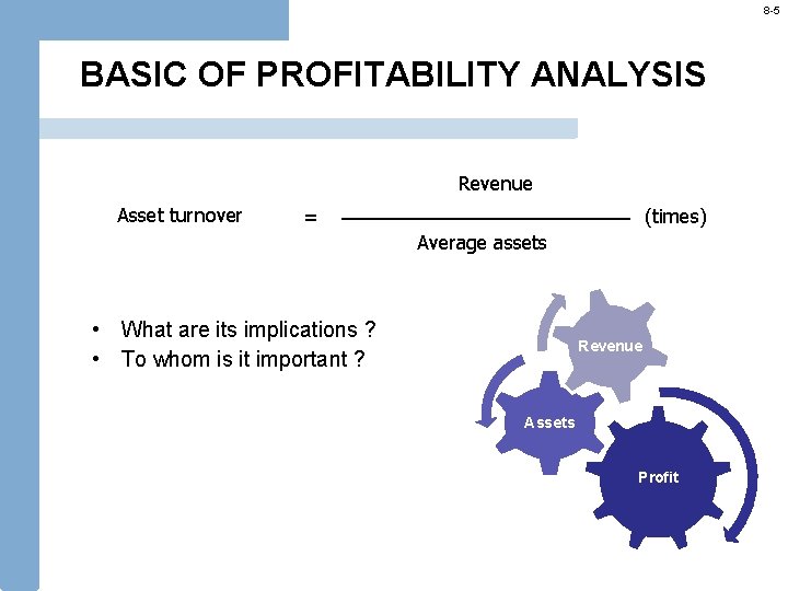 8 -5 BASIC OF PROFITABILITY ANALYSIS Revenue Asset turnover = (times) Average assets •