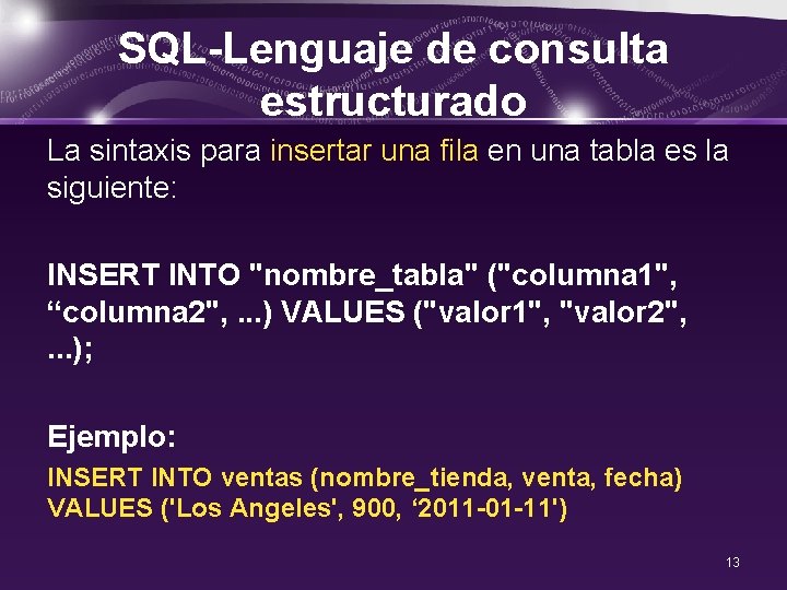 SQL-Lenguaje de consulta estructurado La sintaxis para insertar una fila en una tabla es