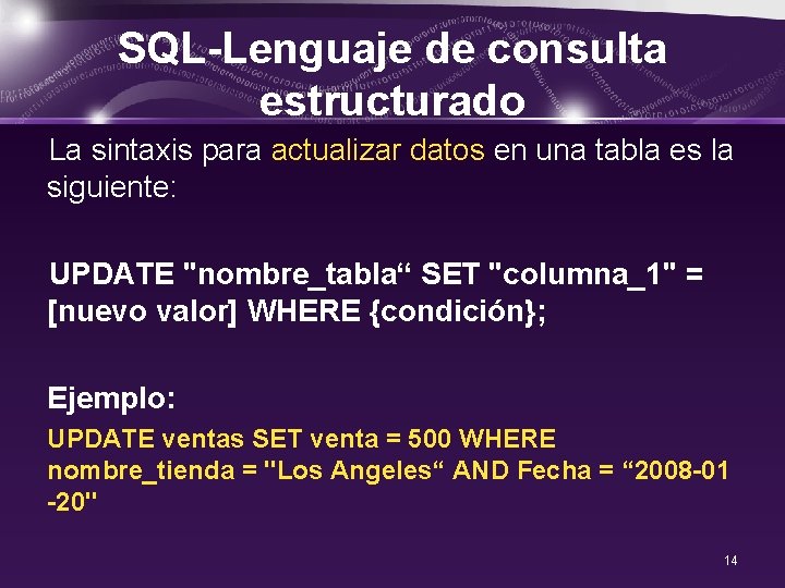 SQL-Lenguaje de consulta estructurado La sintaxis para actualizar datos en una tabla es la