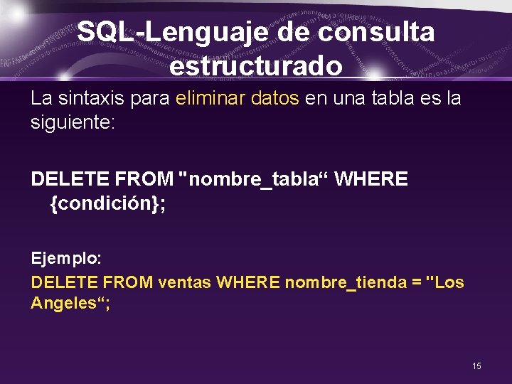 SQL-Lenguaje de consulta estructurado La sintaxis para eliminar datos en una tabla es la