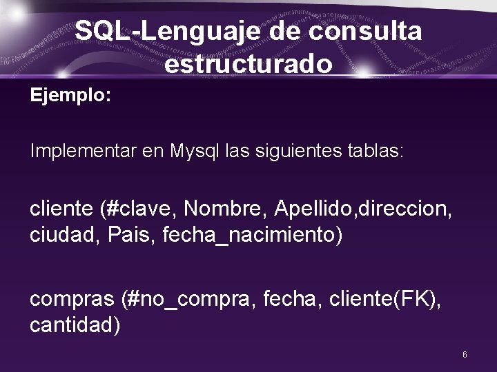 SQL-Lenguaje de consulta estructurado Ejemplo: Implementar en Mysql las siguientes tablas: cliente (#clave, Nombre,