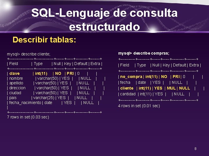 SQL-Lenguaje de consulta estructurado Describir tablas: mysql> describe cliente; +---------+-------+-----+-----+-------+ | Field | Type