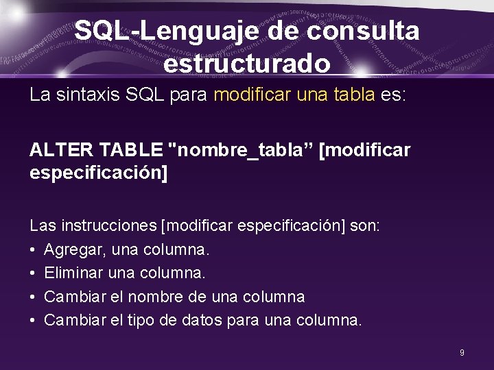 SQL-Lenguaje de consulta estructurado La sintaxis SQL para modificar una tabla es: ALTER TABLE