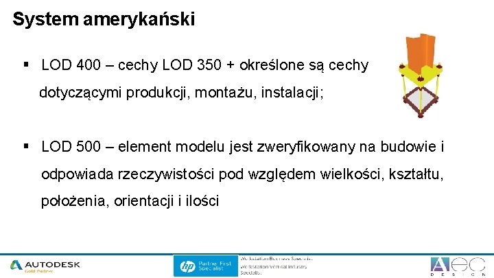 System amerykański § LOD 400 – cechy LOD 350 + określone są cechy dotyczącymi