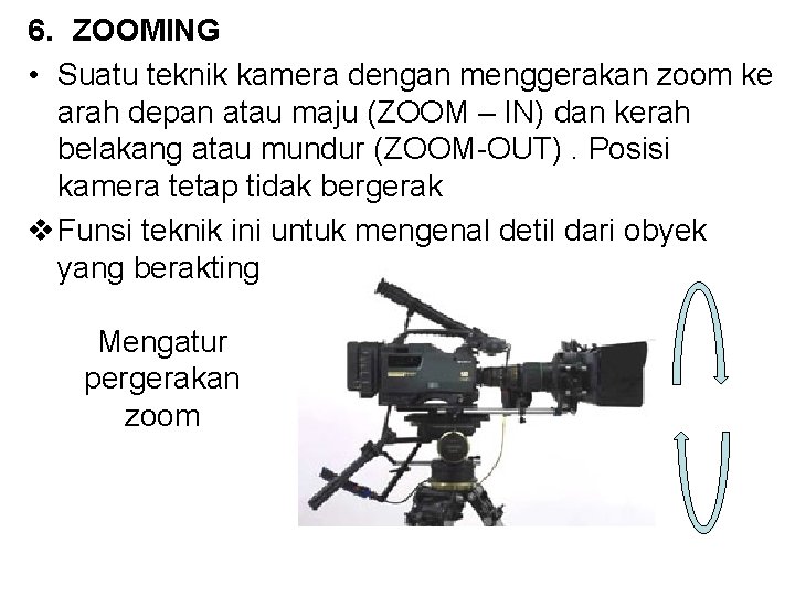 6. ZOOMING • Suatu teknik kamera dengan menggerakan zoom ke arah depan atau maju