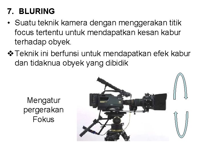 7. BLURING • Suatu teknik kamera dengan menggerakan titik focus tertentu untuk mendapatkan kesan