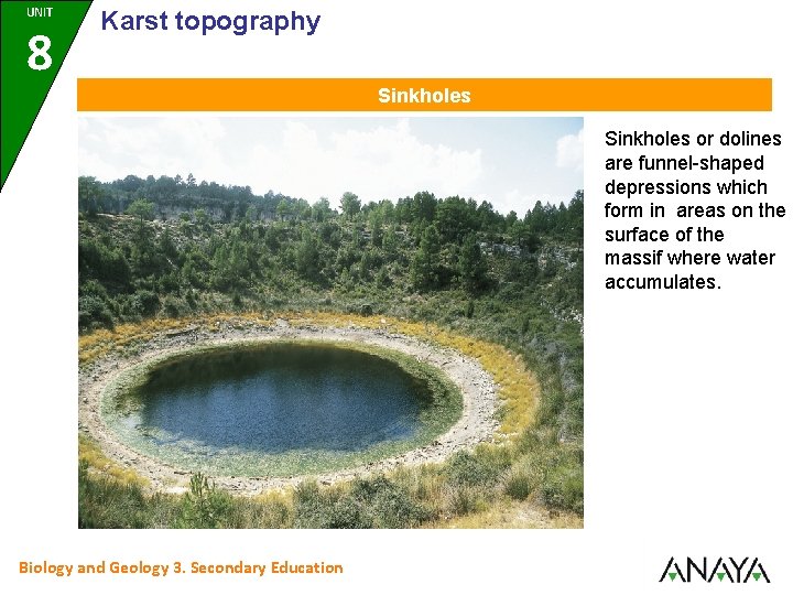 UNIT 8 Karst topography Sinkholes or dolines are funnel-shaped depressions which form in areas