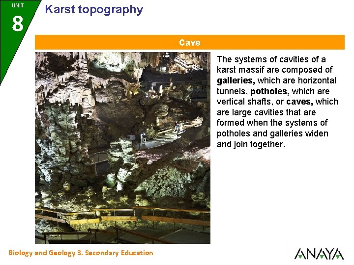 UNIT 8 Karst topography Cave The systems of cavities of a karst massif are