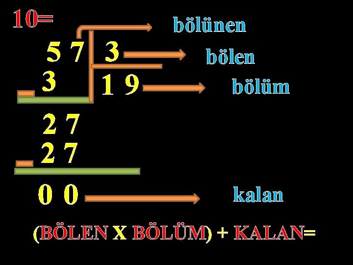 10= 57 3 3 19 27 27 00 bölünen bölüm kalan (BÖLEN X BÖLÜM)