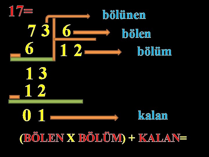 17= 73 6 6 12 13 12 01 bölünen bölüm kalan (BÖLEN X BÖLÜM)