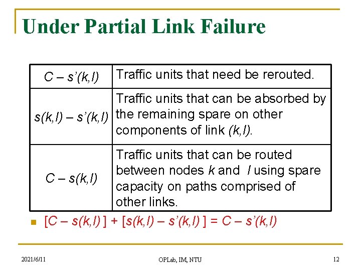 Under Partial Link Failure C – s’(k, l) Traffic units that need be rerouted.