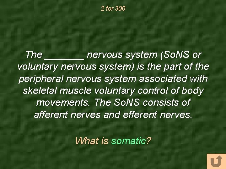 2 for 300 The _______ nervous system (So. NS or voluntary nervous system) is