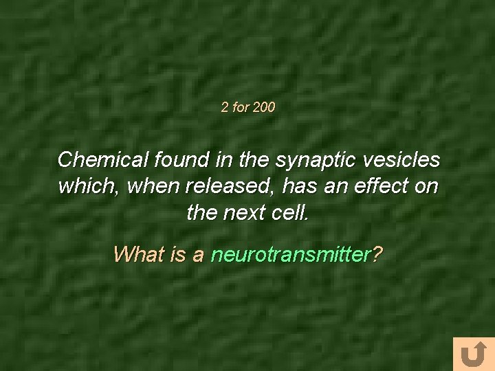 2 for 200 Chemical found in the synaptic vesicles which, when released, has an