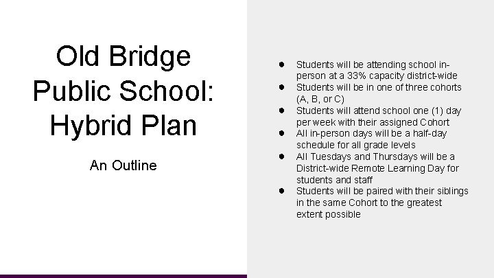 Old Bridge Public School: Hybrid Plan An Outline ● ● ● Students will be