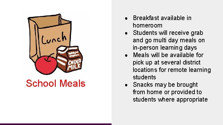 ● Breakfast available in School Meals homeroom ● Students will receive grab and go