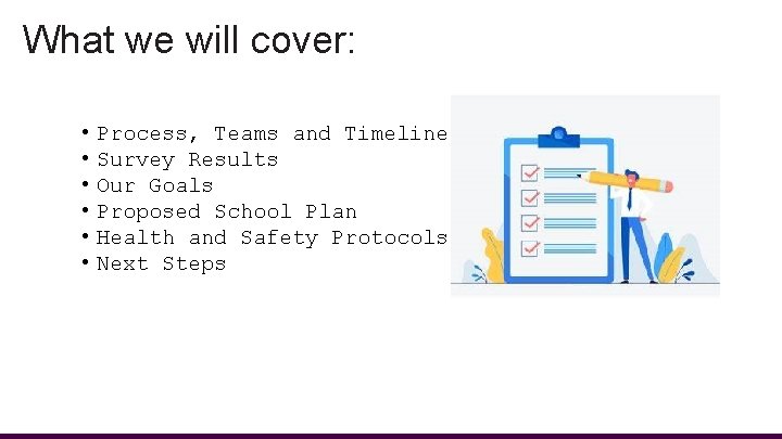 What we will cover: • • • Process, Teams and Timeline Survey Results Our