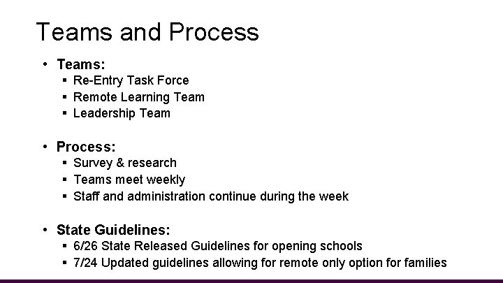 Teams and Process • Teams: § Re-Entry Task Force § Remote Learning Team §