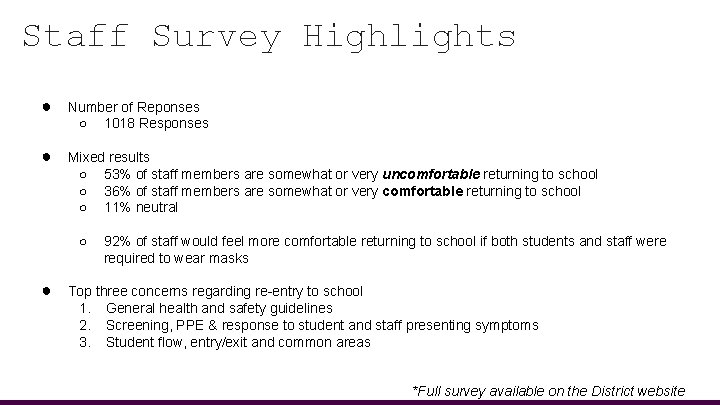 Staff Survey Highlights ● Number of Reponses ○ 1018 Responses ● Mixed results ○