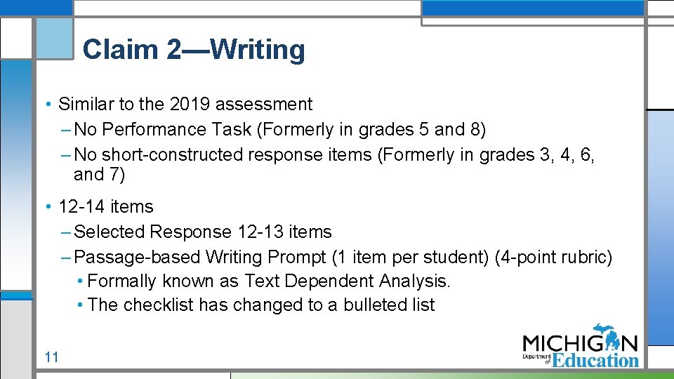 Claim 2—Writing • Similar to the 2019 assessment – No Performance Task (Formerly in