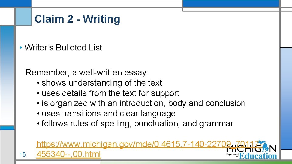 Claim 2 - Writing • Writer’s Bulleted List Remember, a well-written essay: • shows