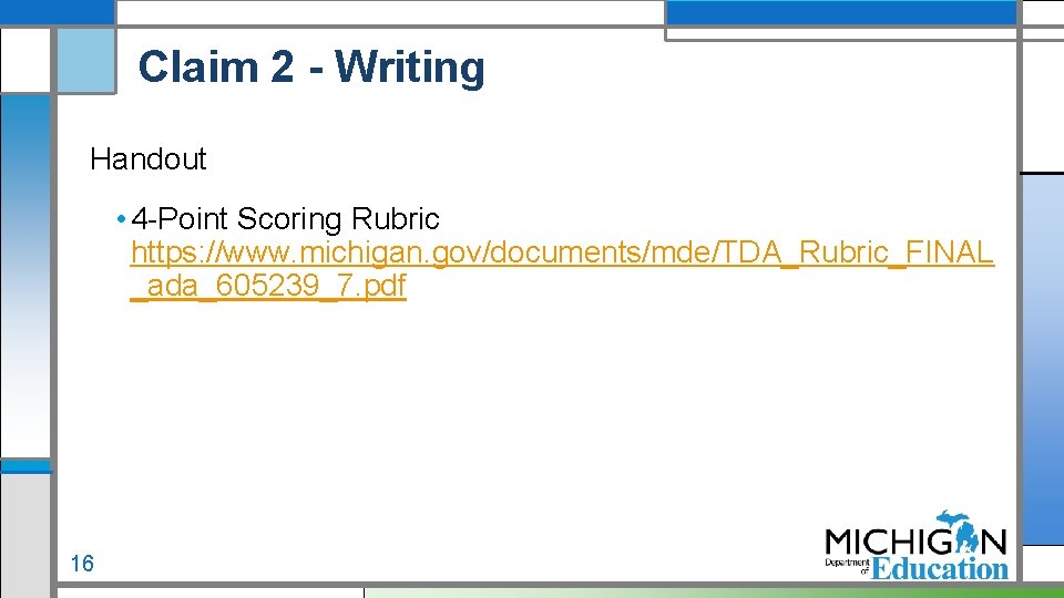 Claim 2 - Writing Handout • 4 -Point Scoring Rubric https: //www. michigan. gov/documents/mde/TDA_Rubric_FINAL