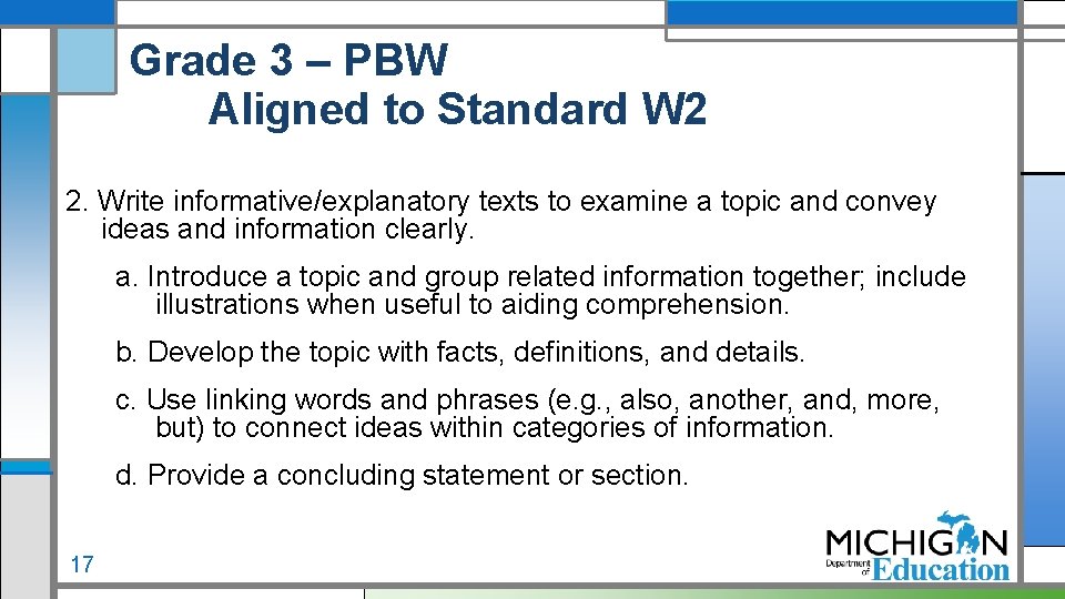 Grade 3 – PBW Aligned to Standard W 2 2. Write informative/explanatory texts to