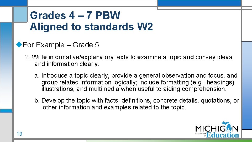 Grades 4 – 7 PBW Aligned to standards W 2 For Example – Grade