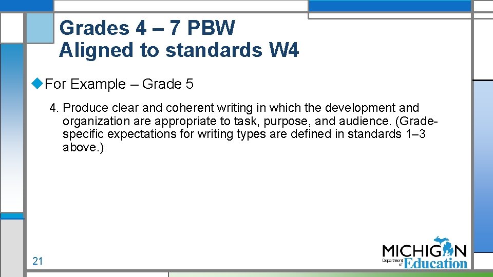 Grades 4 – 7 PBW Aligned to standards W 4 For Example – Grade