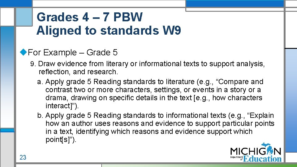 Grades 4 – 7 PBW Aligned to standards W 9 For Example – Grade