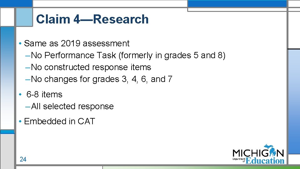 Claim 4—Research • Same as 2019 assessment – No Performance Task (formerly in grades