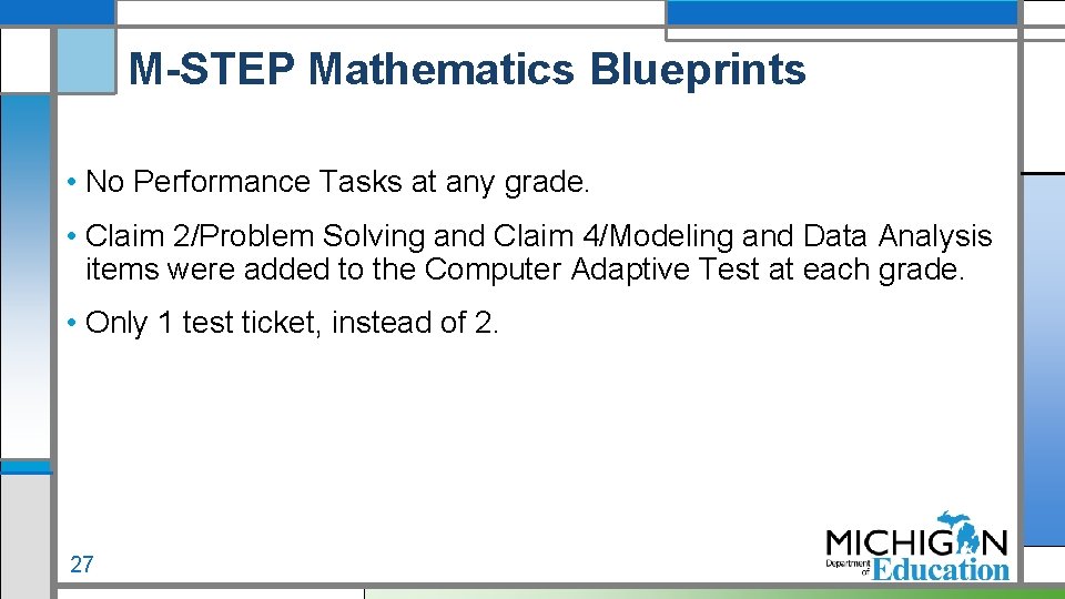 M-STEP Mathematics Blueprints • No Performance Tasks at any grade. • Claim 2/Problem Solving