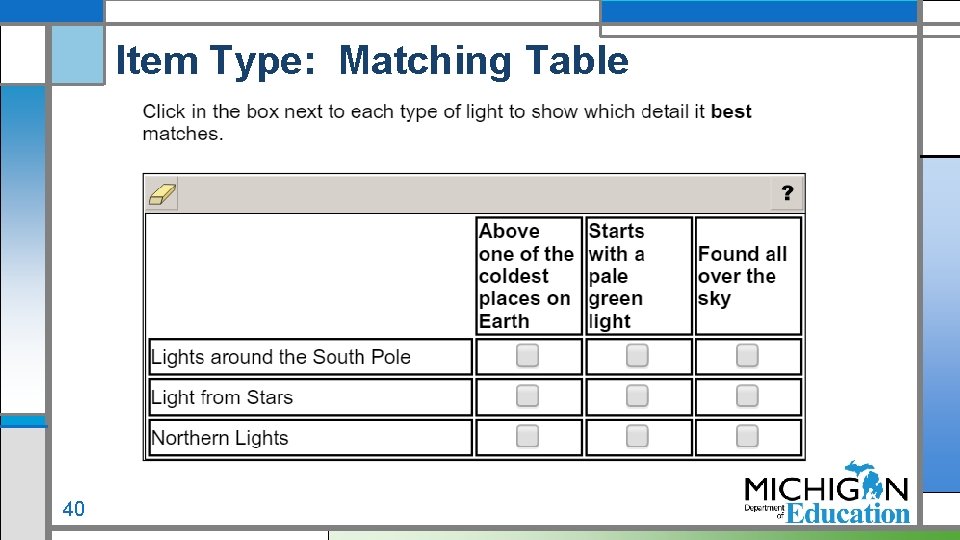 Item Type: Matching Table 40 