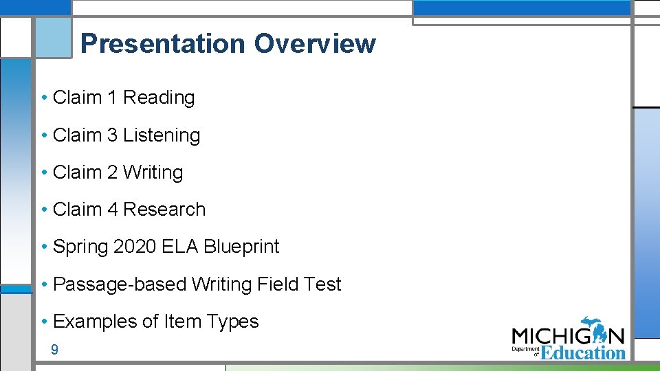 Presentation Overview • Claim 1 Reading • Claim 3 Listening • Claim 2 Writing