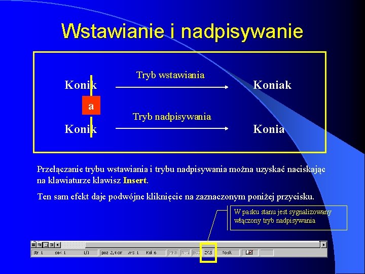 Wstawianie i nadpisywanie Konik a Konik Tryb wstawiania Koniak Tryb nadpisywania Konia Przełączanie trybu Wstawianie i nadpisywanie Konik a Konik Tryb wstawiania Koniak Tryb nadpisywania Konia Przełączanie trybu