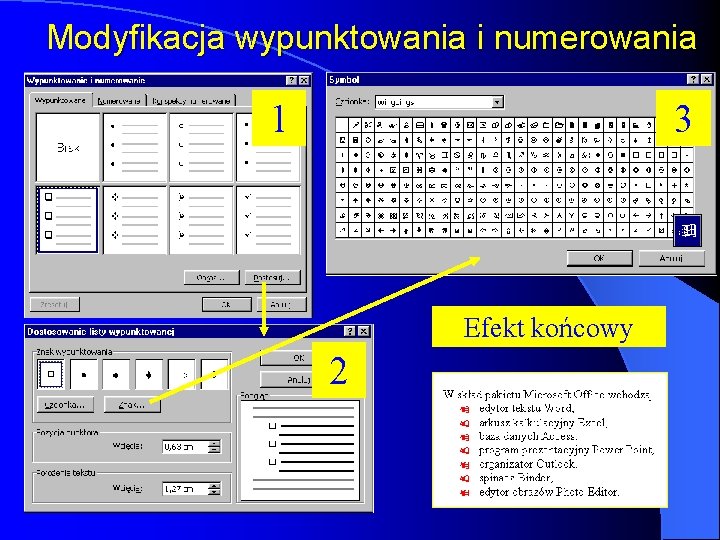Modyfikacja wypunktowania i numerowania 1 3 Efekt końcowy 2 Modyfikacja wypunktowania i numerowania 1 3 Efekt końcowy 2