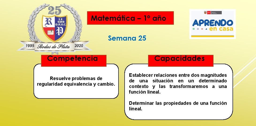 Matemática – 1º año Semana 25 Competencia Resuelve problemas de regularidad equivalencia y cambio.
