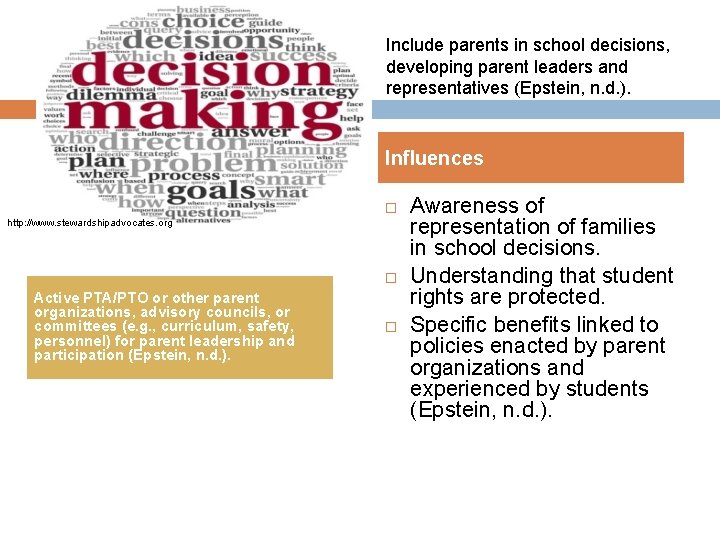Decision Making Include parents in school decisions, developing parent leaders and representatives (Epstein, n.